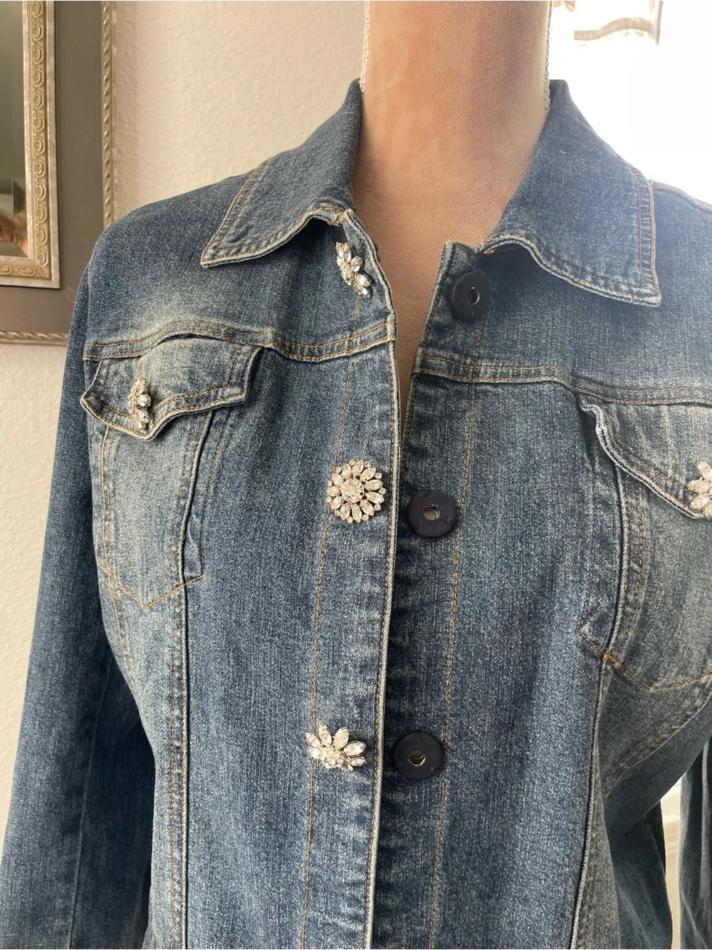Berek Denim Jacket with leopard print facing at collar & cuffs.